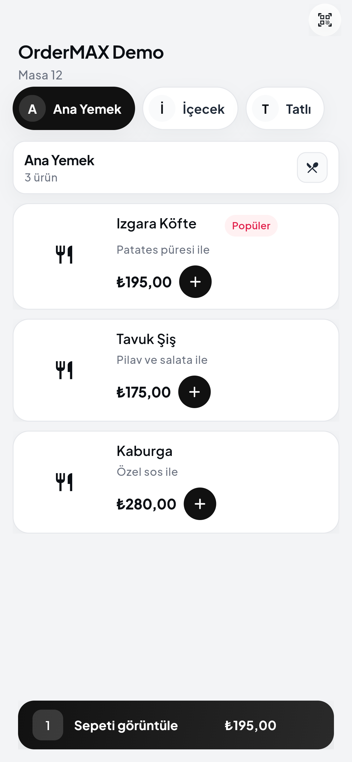 OrderMAX mobil ürün seçimi ekranı