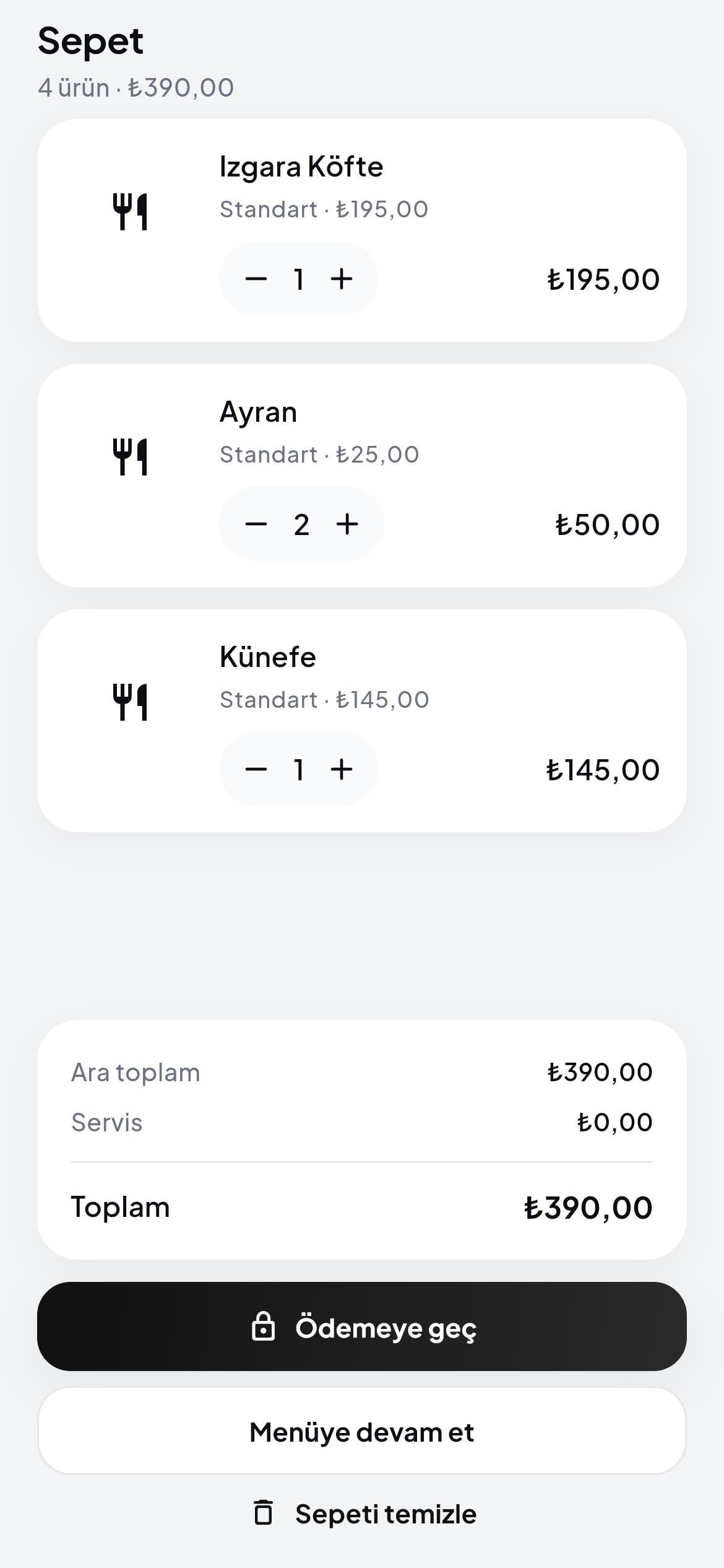 OrderMAX QR sepet arayüzü